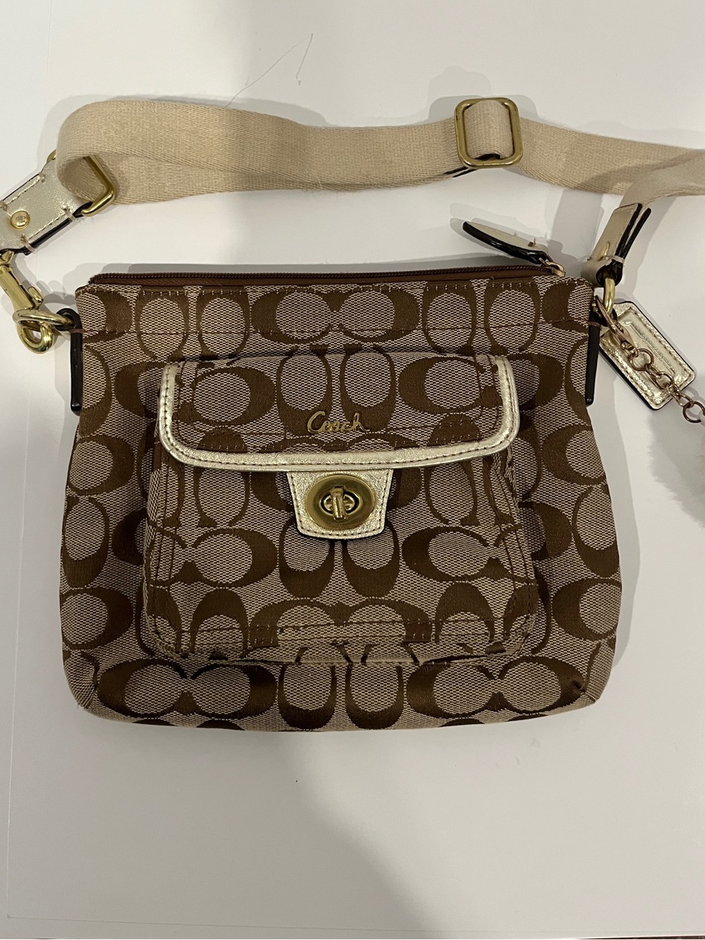 Coach Signature Jacquard Crossbody Bag Khaki Brown Turnlock Pocket Y2K